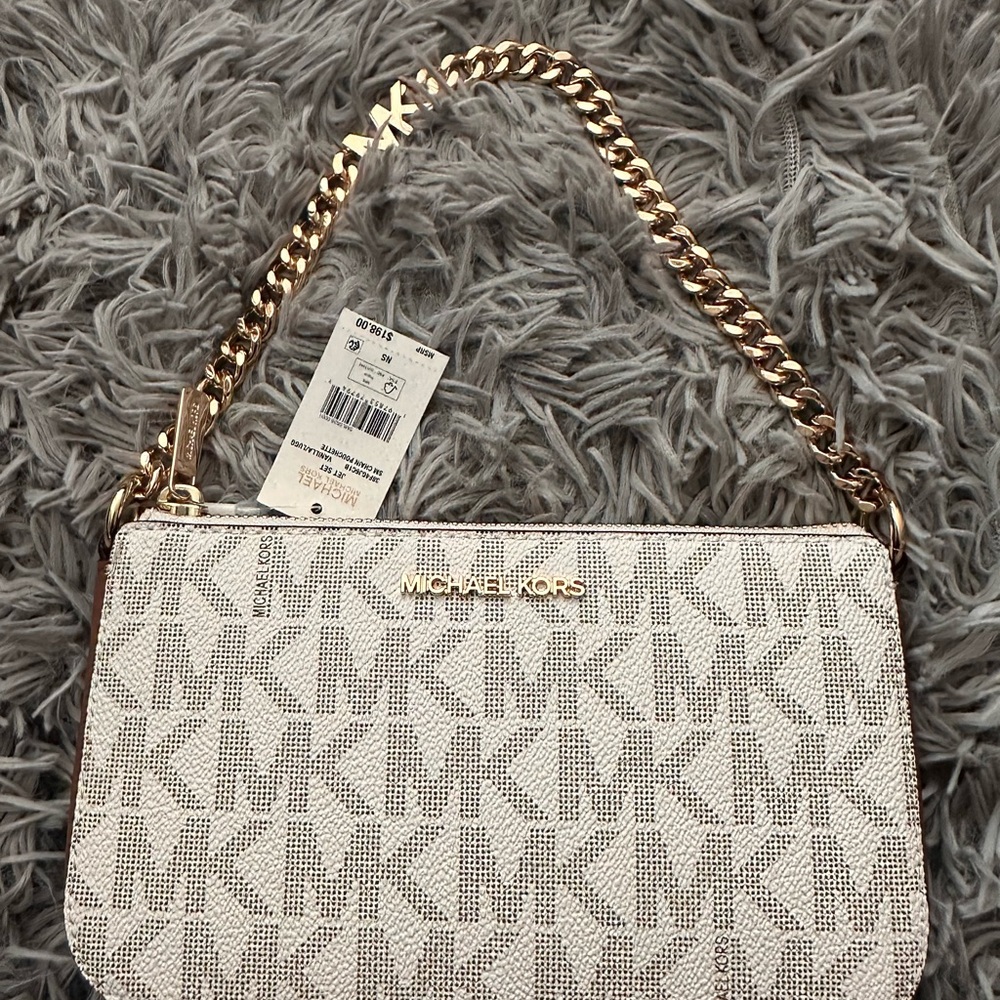SOLD!!!!  Michael Kors White and Gold MK Logo Chain Pouchette Shoulder Bag NWT